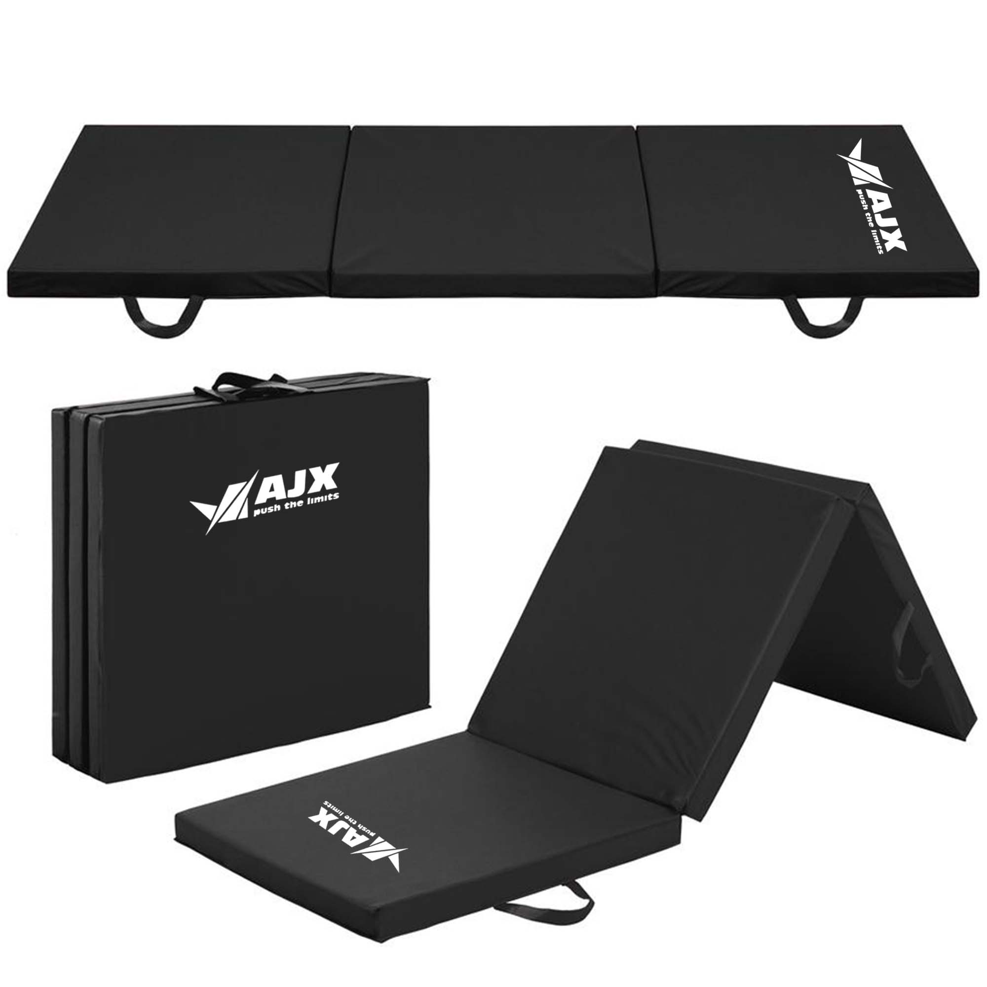 A simple black yoga mat laid flat on a wooden floor, with a subtle texture visible on its surface, ready for practice