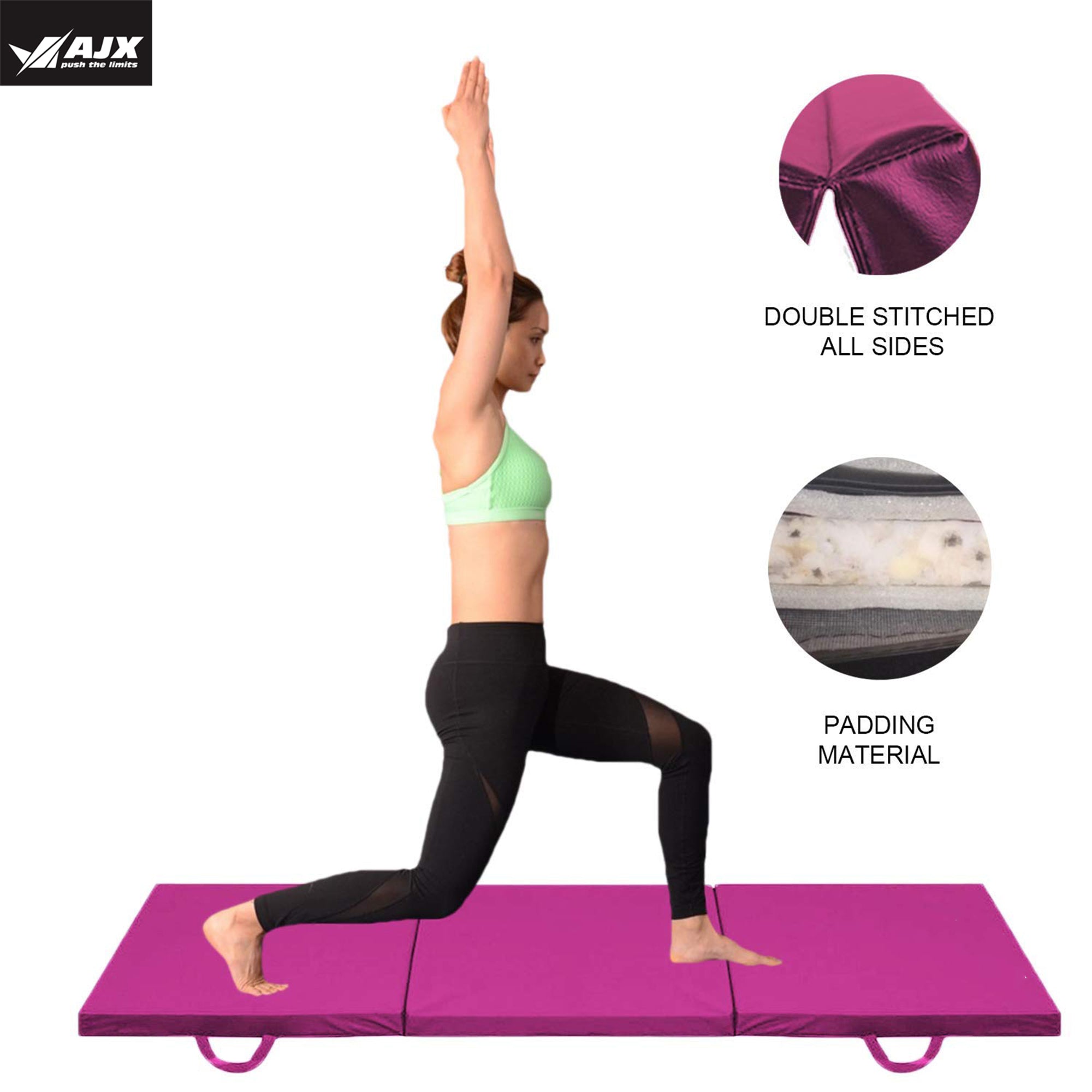 A vibrant pink yoga mat set against a backdrop of colorful workout gear, emphasizing a lively fitness atmosphere