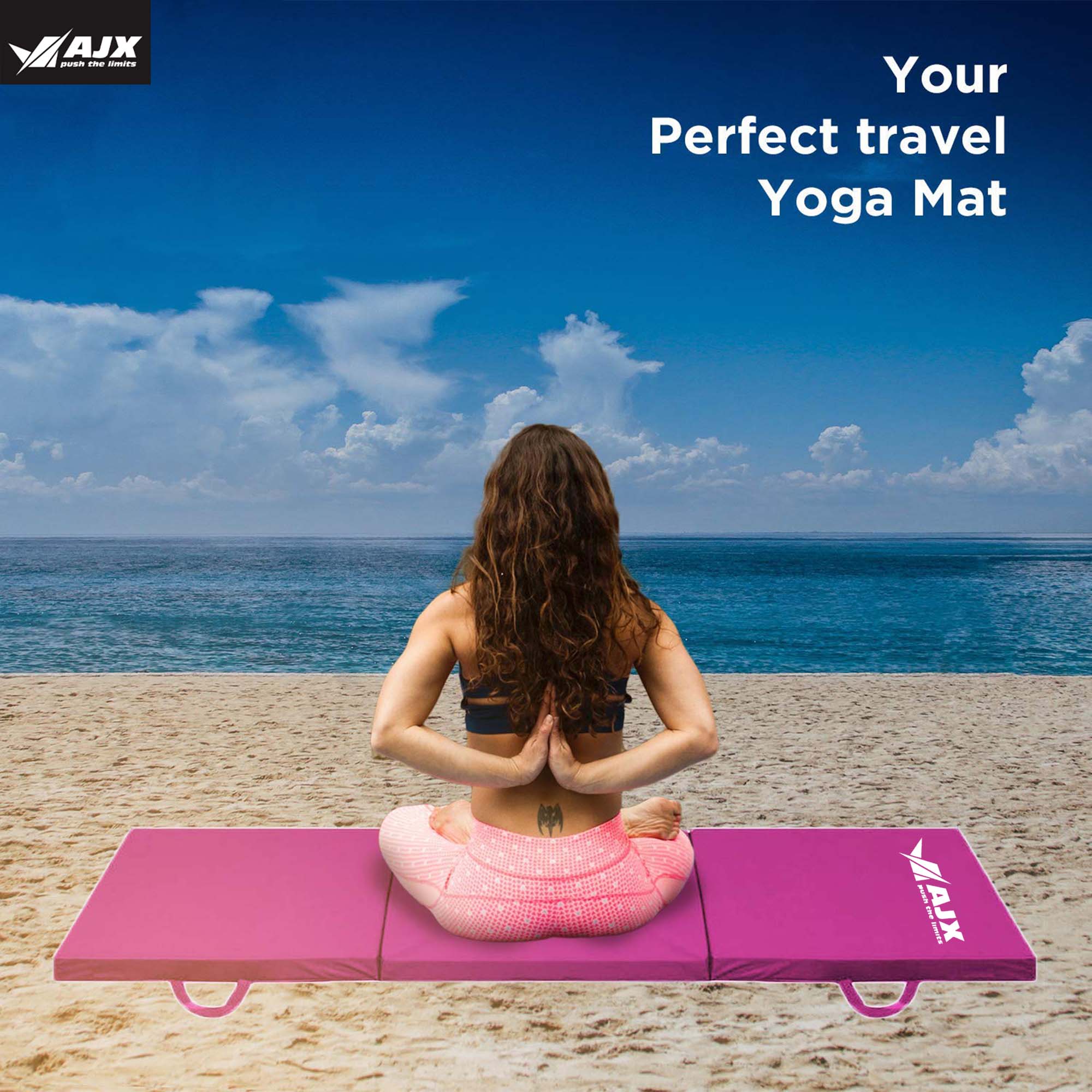 A smooth pink yoga mat spread out in a cozy living room, with a calming candle and soft lighting nearby.