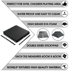 Soft Foam Interlocking Kids Floor Mat - Black & Grey, Extra Thick - 60x60x1.2cm